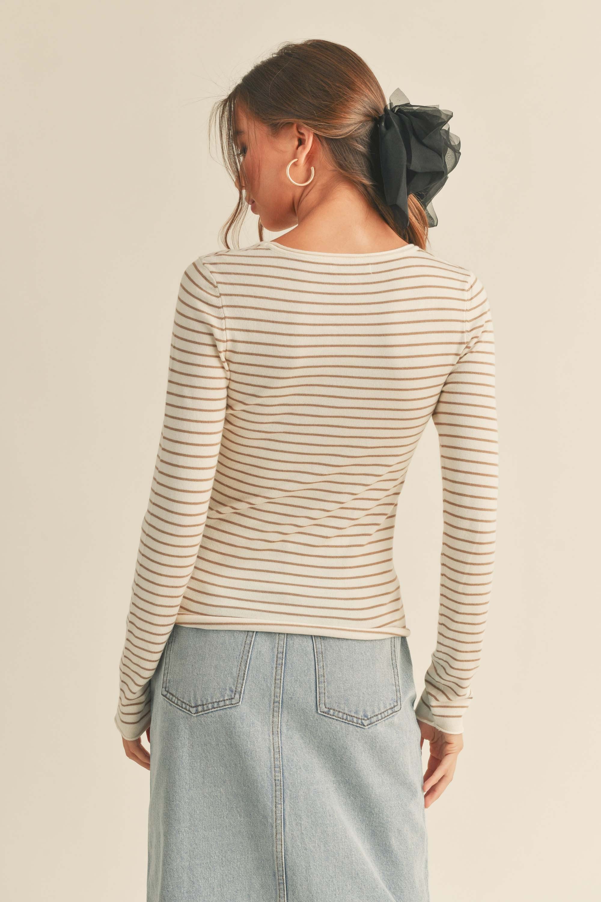 Striped Long Sleeve Knit Sweater in Black or Taupe