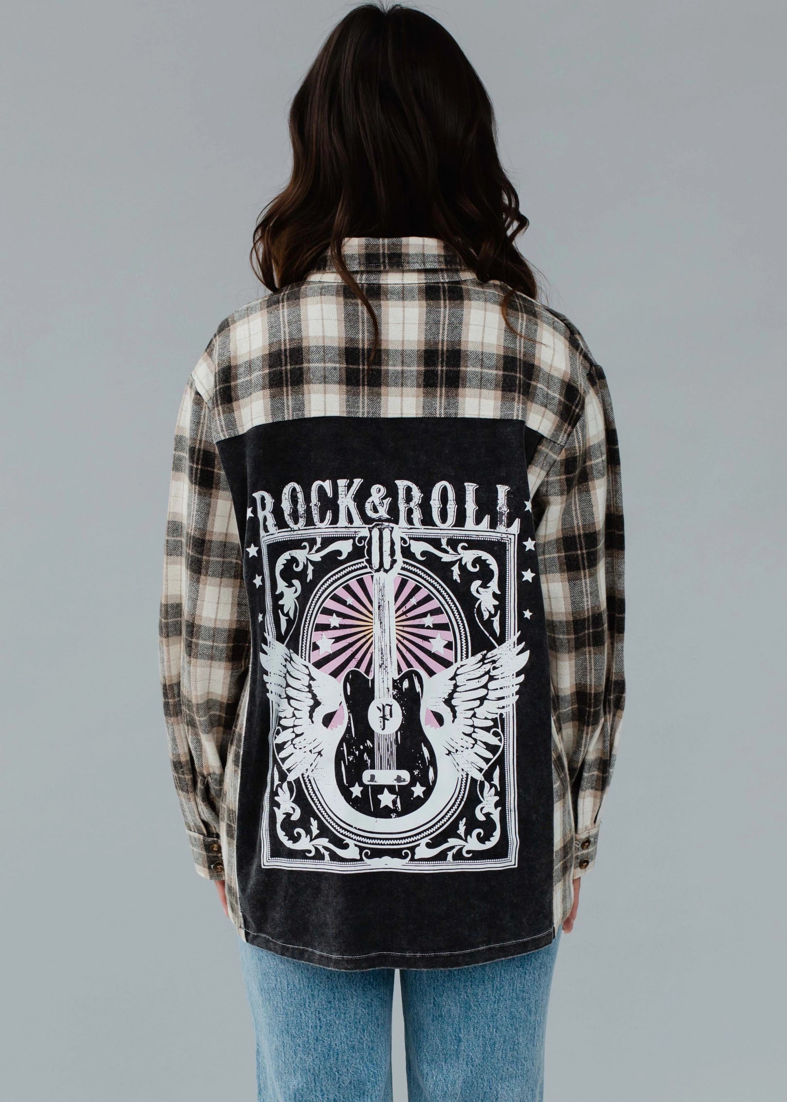 Cozy Women's Plaid shirt Rock and Roll Patch Flannel Overshirt 