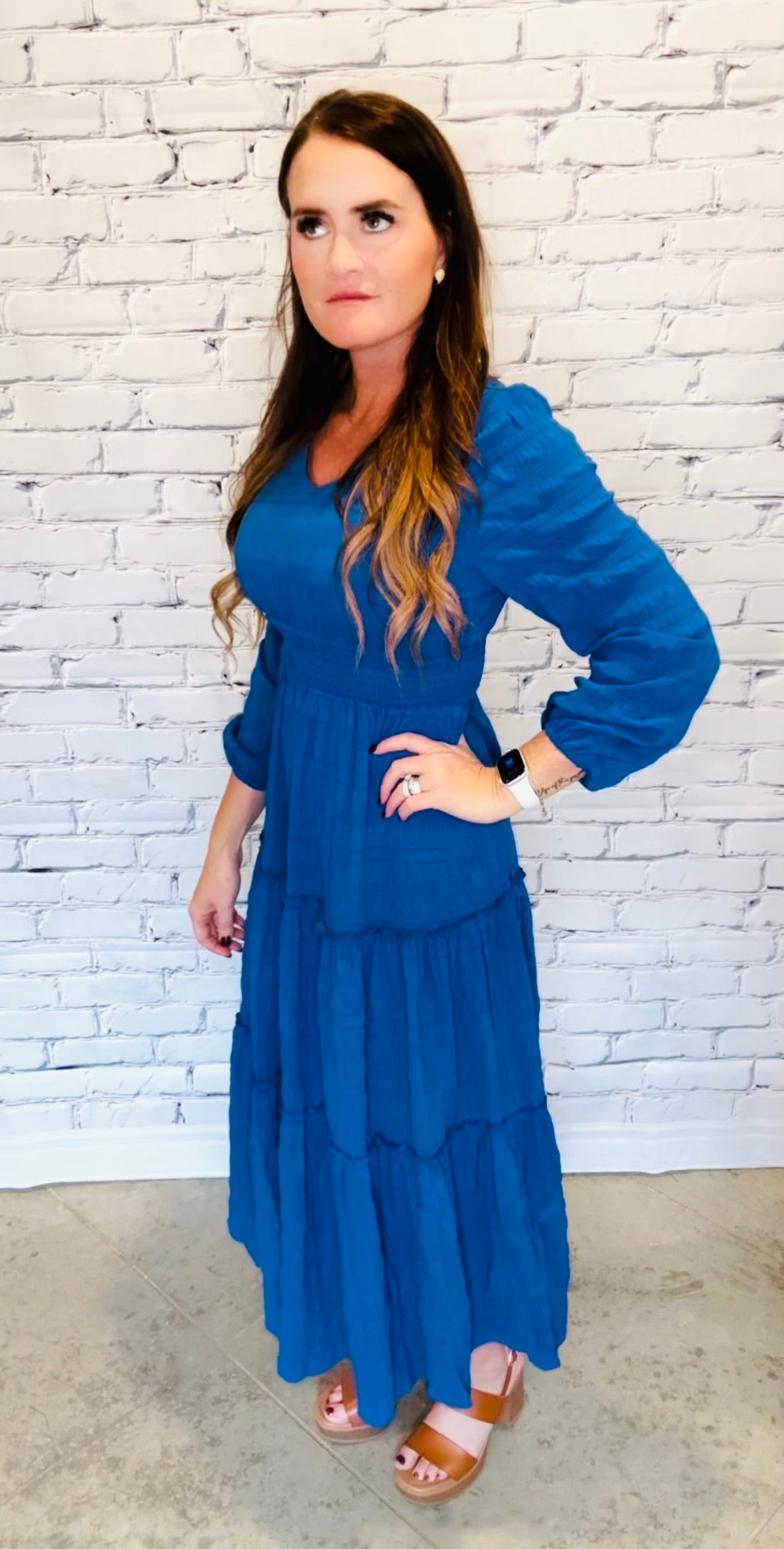 Long Sleeve Tiered Maxi Dress in Royal