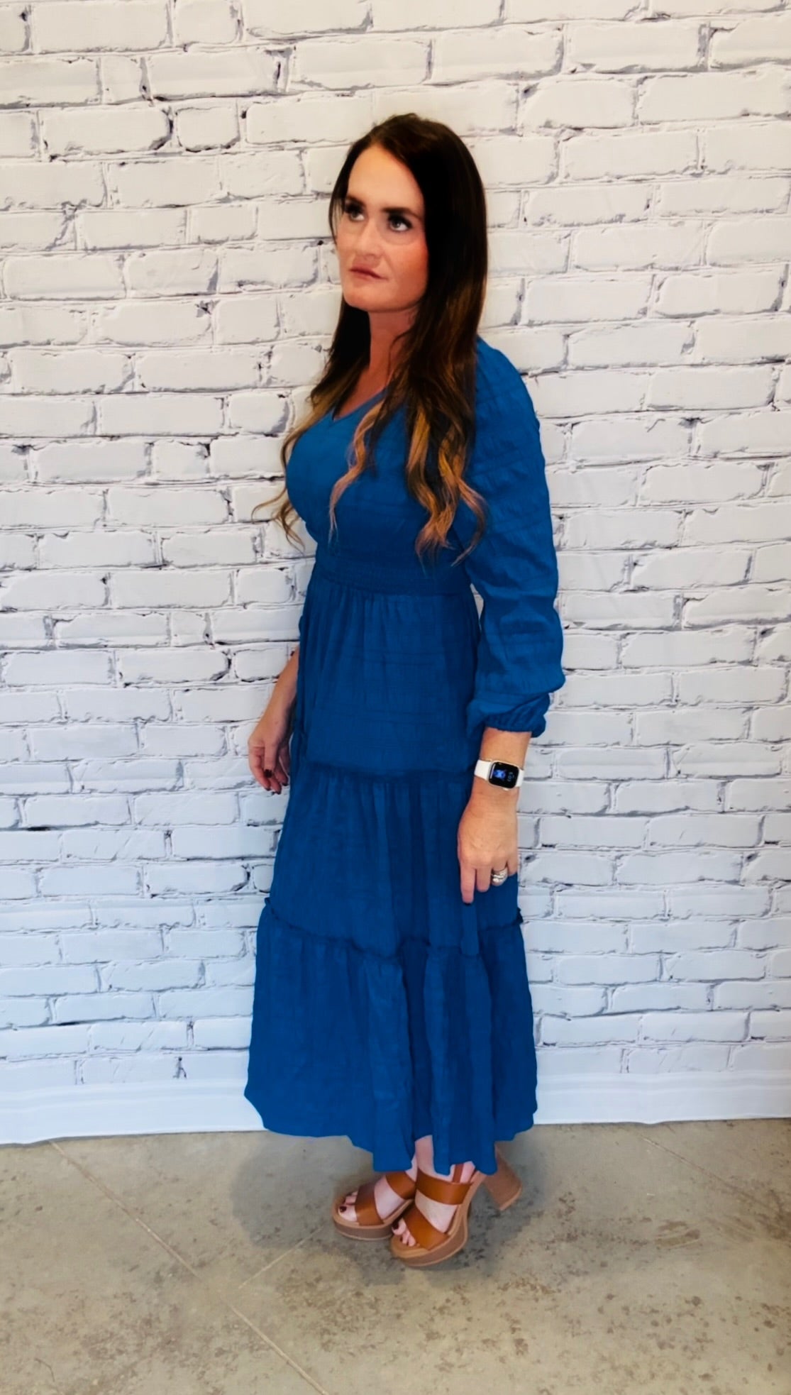 Long Sleeve Tiered Maxi Dress in Royal
