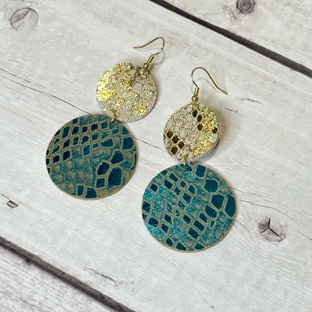 Shimmer snakeprint vegan leather earrings in turquoise and gold, hook style