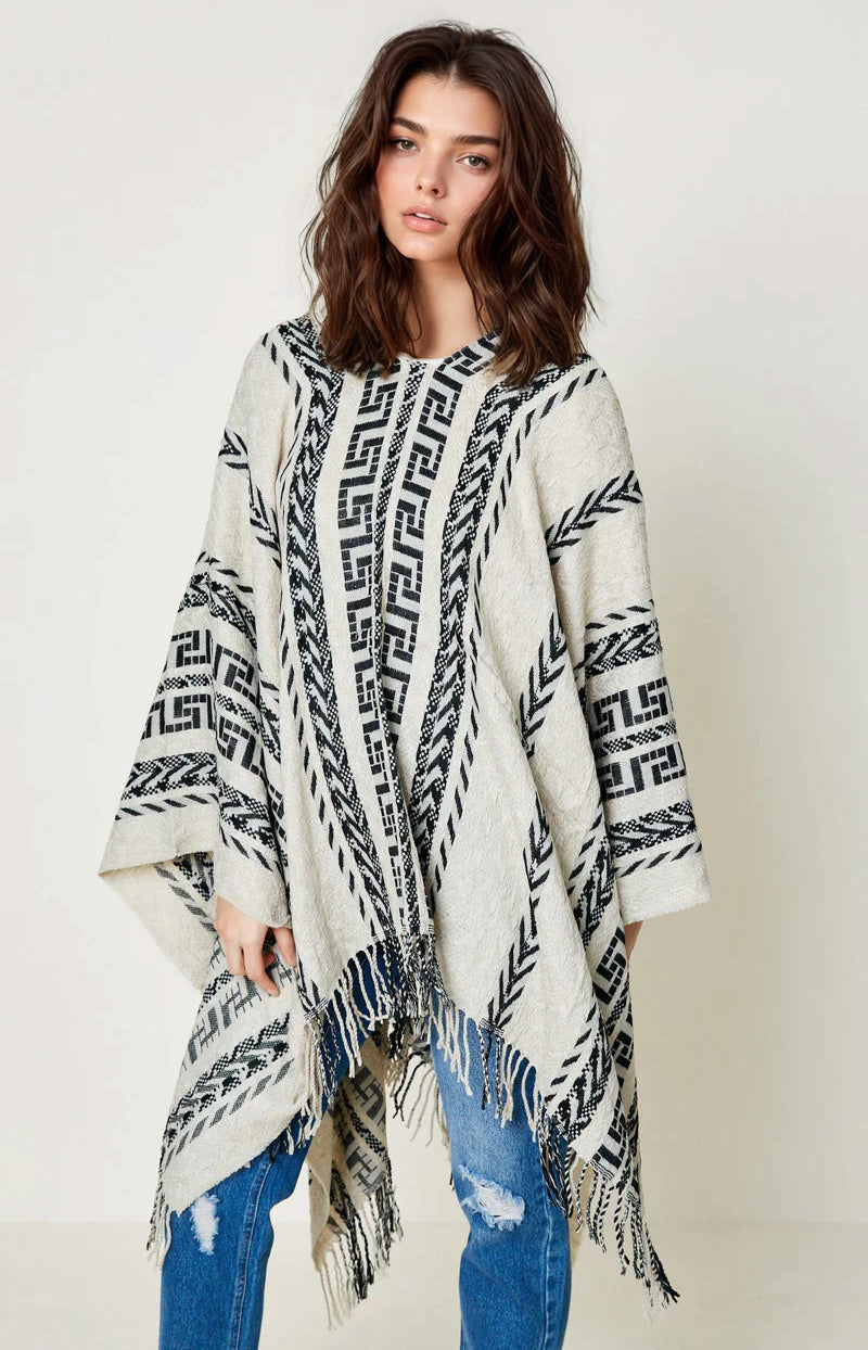 Woman's Patterned Fringe Poncho in Cream & Black