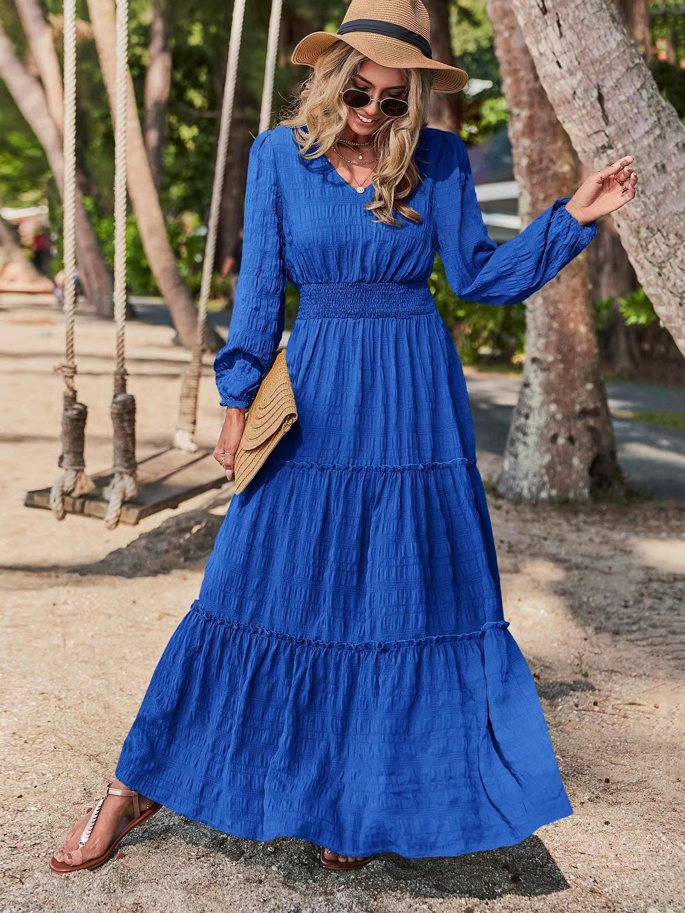 Gorgeous tiered smock waist long sleeve maxi dress in Royal Blue