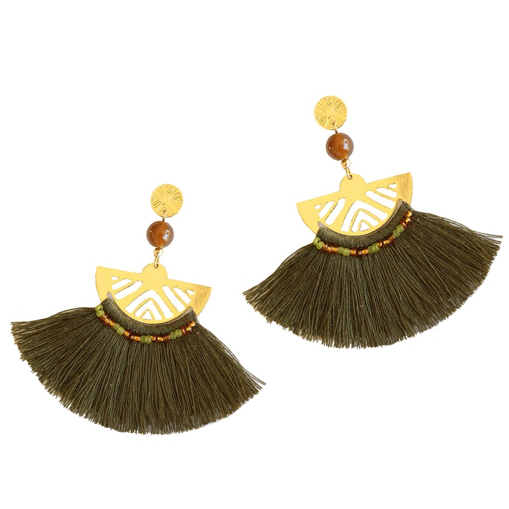 Tassle earrings, gold post with green earring. Hand made in south america.